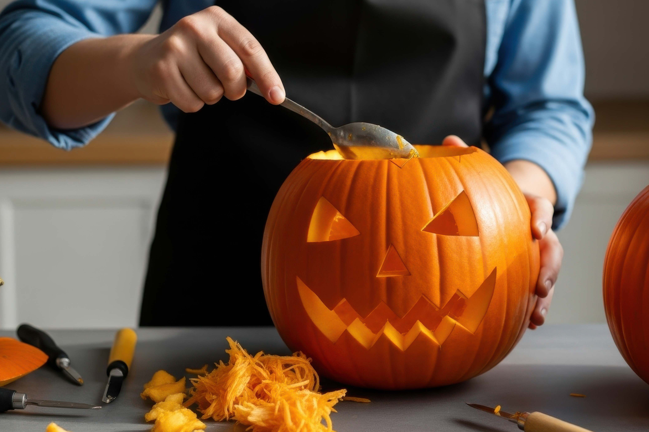 Person som gröper ur en Halloween pumpa med en sked i köket.