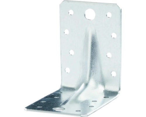 Vinkelbeslag med förstärkning av förzinkat stål för träkonstruktioner.