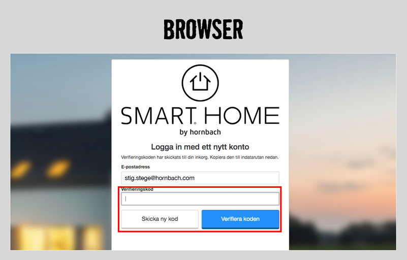 Webbläsarvy för inloggning på Smart Home från Hornbach