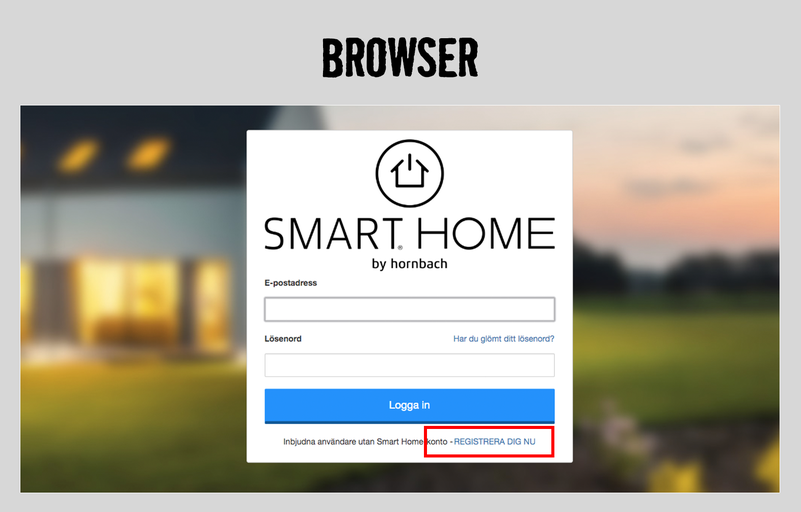 Hornbach Smart Home webbläsarens inloggningsskärm