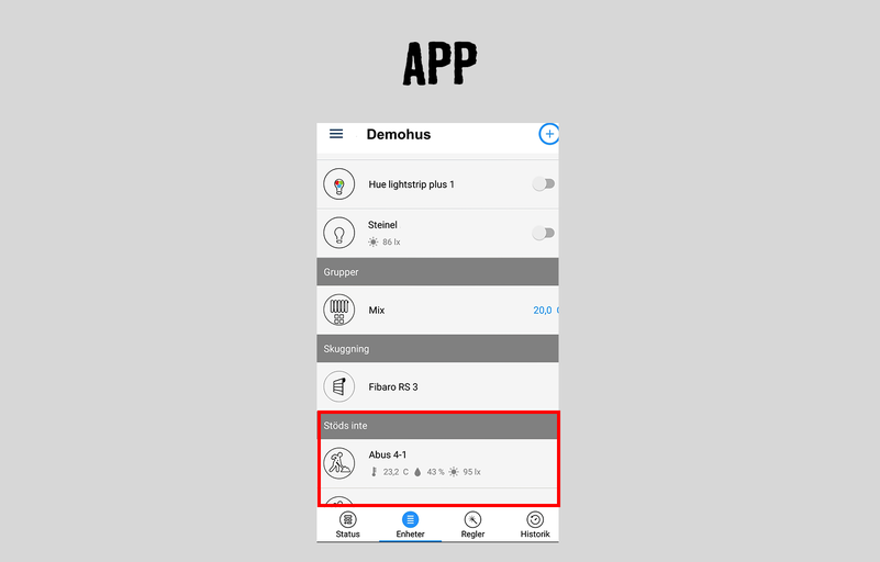 App-vy från ett Smart Home-system med olika anslutna enheter