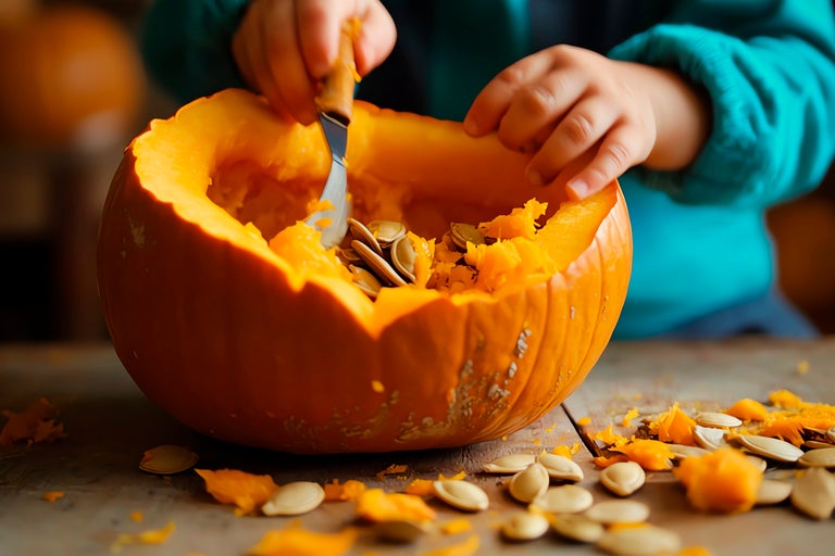 Barn gröper ur pumpa med sked