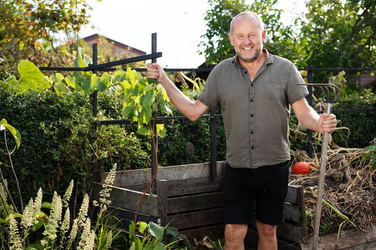Man i trädgården med lövräfsa, spaljé och kompost
