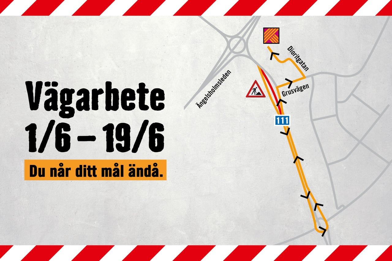  Information om vägarbete från första juni till nittonde juni med en karta som visar vägen till målet via Grusvägen och Dioritgatan. 