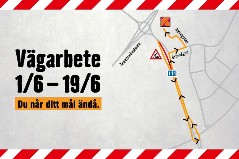 Information om vägarbete från första juni till nittonde juni med en karta som visar vägen till målet via Grusvägen och Dioritgatan.