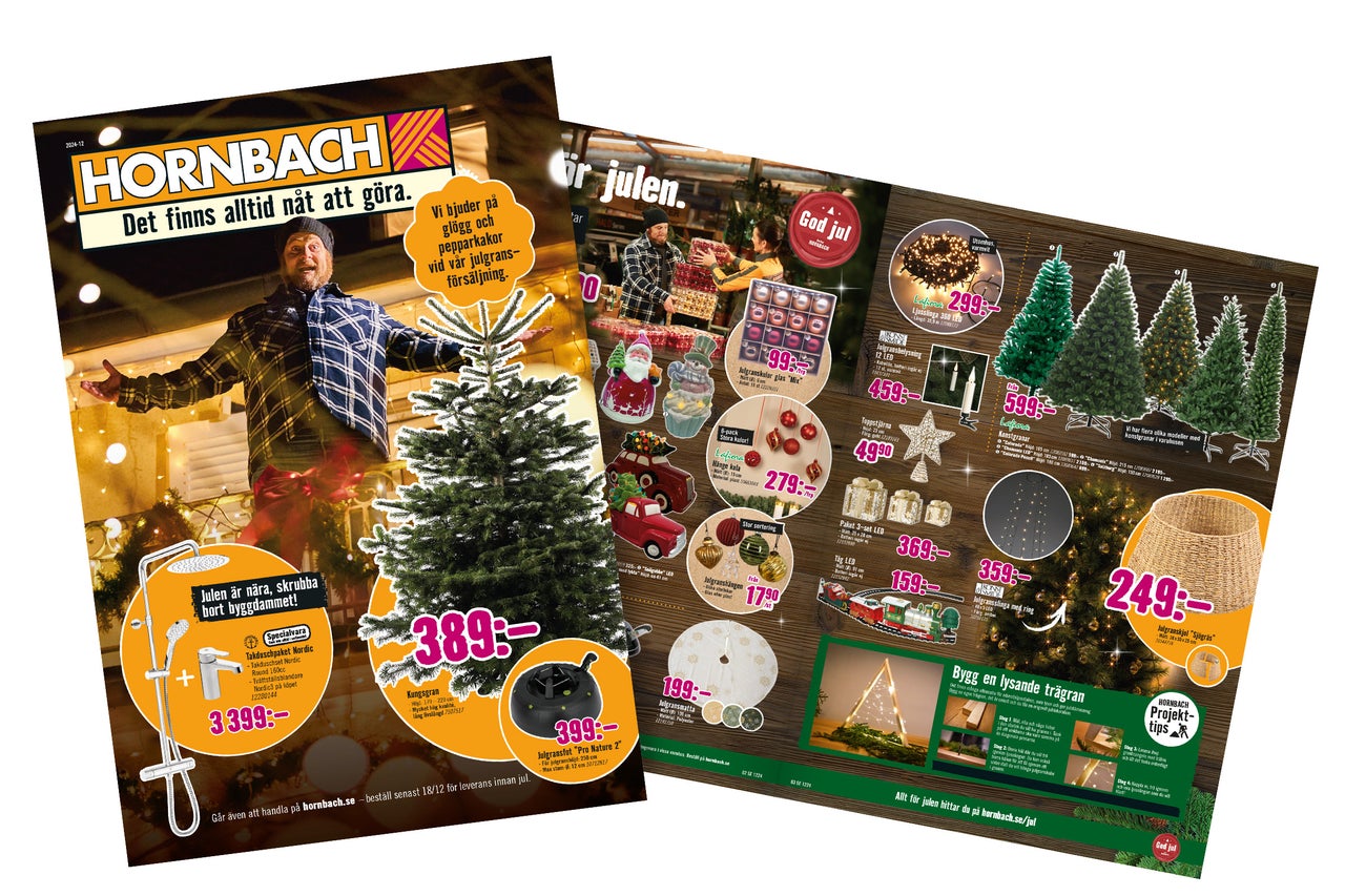 Hornbach reklam för julartiklar som julgranskulor, julgranar och julbelysning