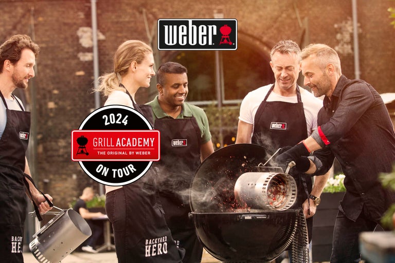 Weber Grill Academy 2024 med personer som förbereder en grill och Weber-logotypen.