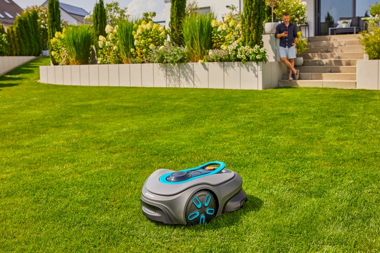 Robotgräsklippare på en gräsmatta i trädgården