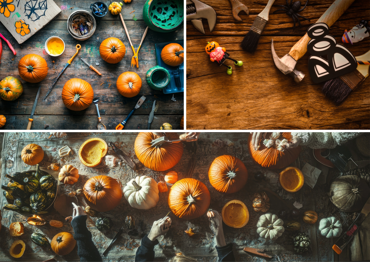Collage: pumpor, verktyg och Halloween-dekorationer för pumptillverkning.