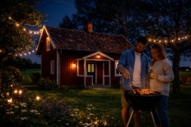 Ett par grillar i en upplyst trädgård framför ett rött trähus på natten med ljusslingor och trädgårdsbelysning.