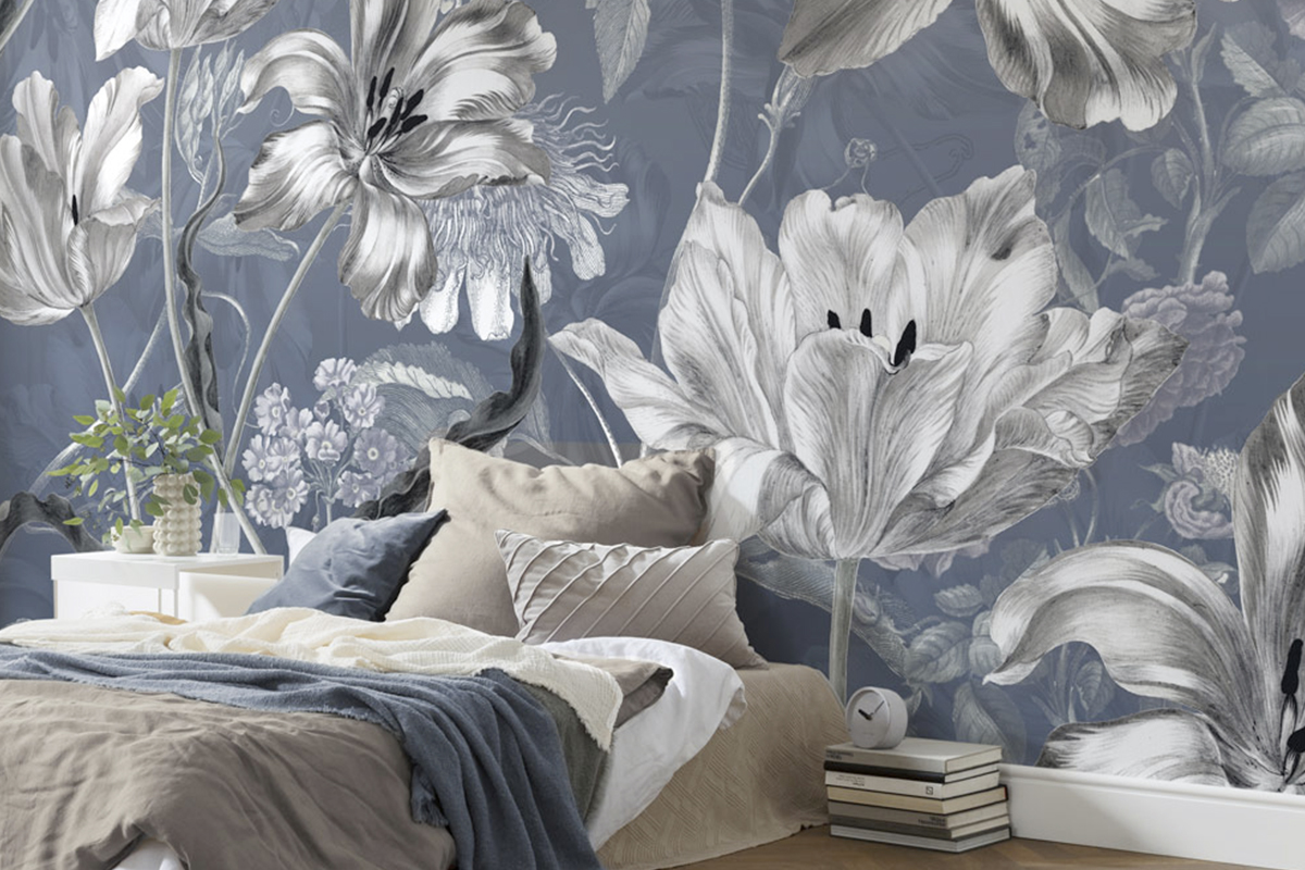 Sovrum med fototapet med blommönster