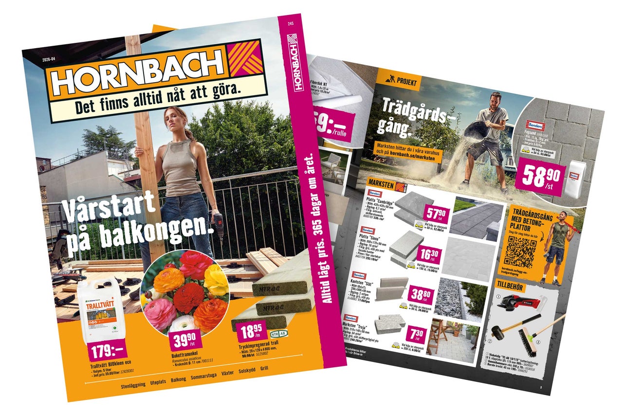 Hornbach reklamblad med projekt för balkong och trädgård, inklusive marksten, trätrall, blommor och verktyg.