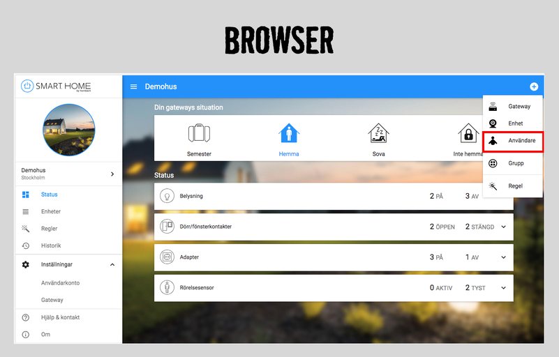 Smart Home webbläsarvy med användarinställningar