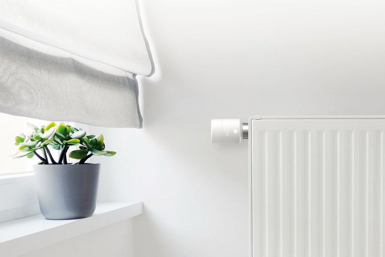 Scen med digital radiatortermostat på radiator, rullgardin och krukväxt