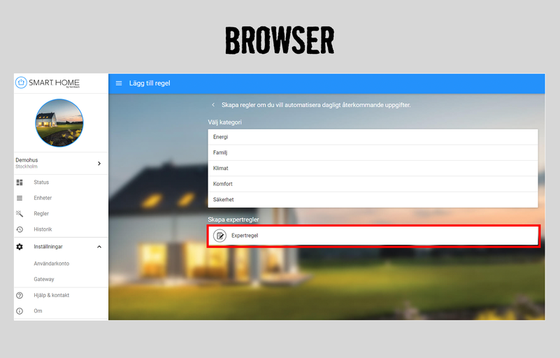 Smart Home webbläsarvy för att skapa regler