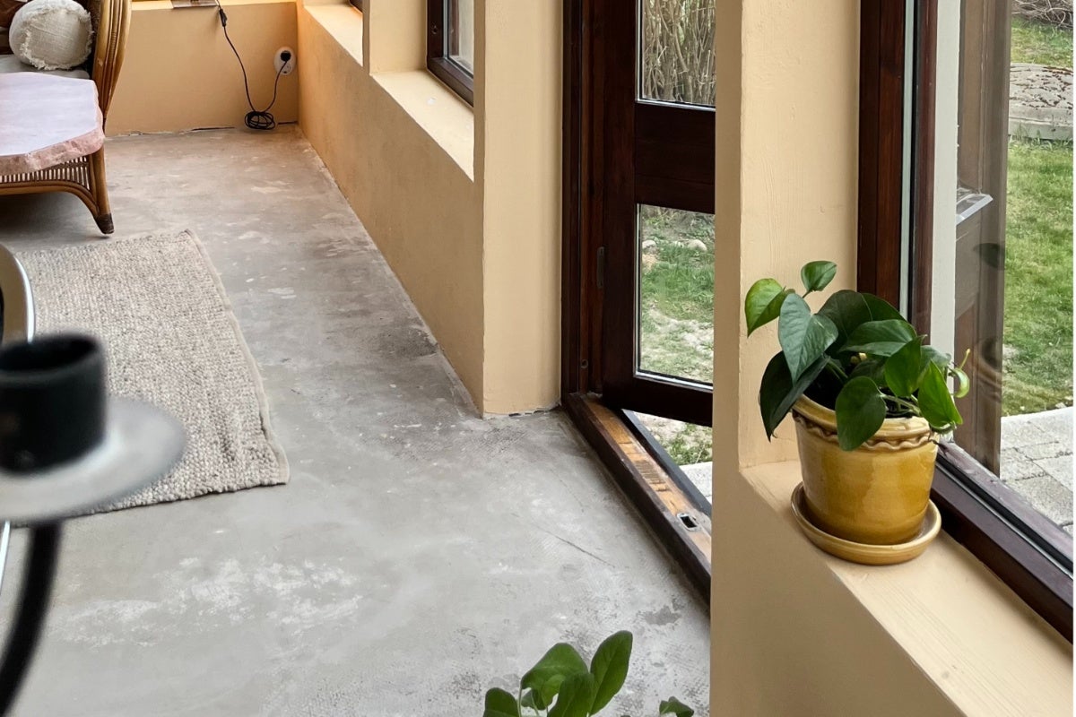 Ljus veranda med grått betonggolv, beige väggar och mörka fönsterkarmar i trä. En grön växt står på fönsterbrädan.