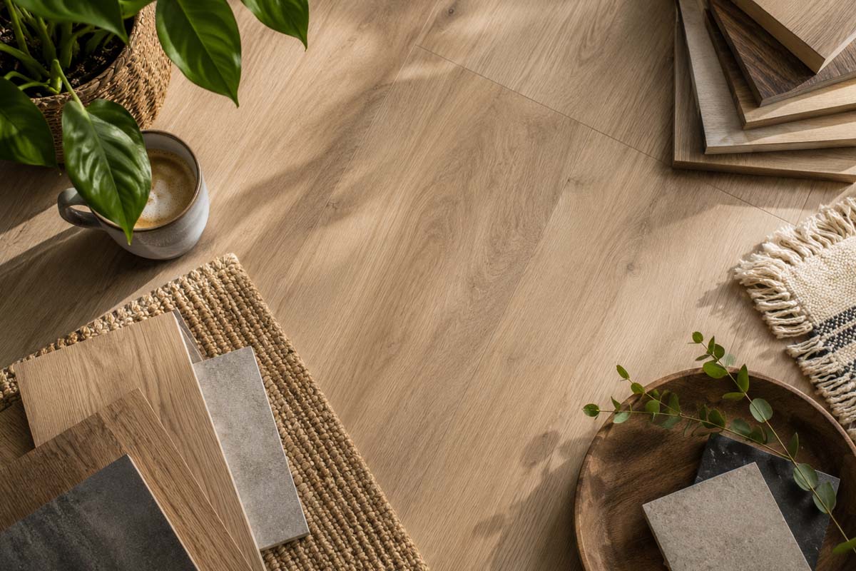Ljust golv i eklook i en ljus inredning med olika materialprover, en krukväxt och en kaffekopp.