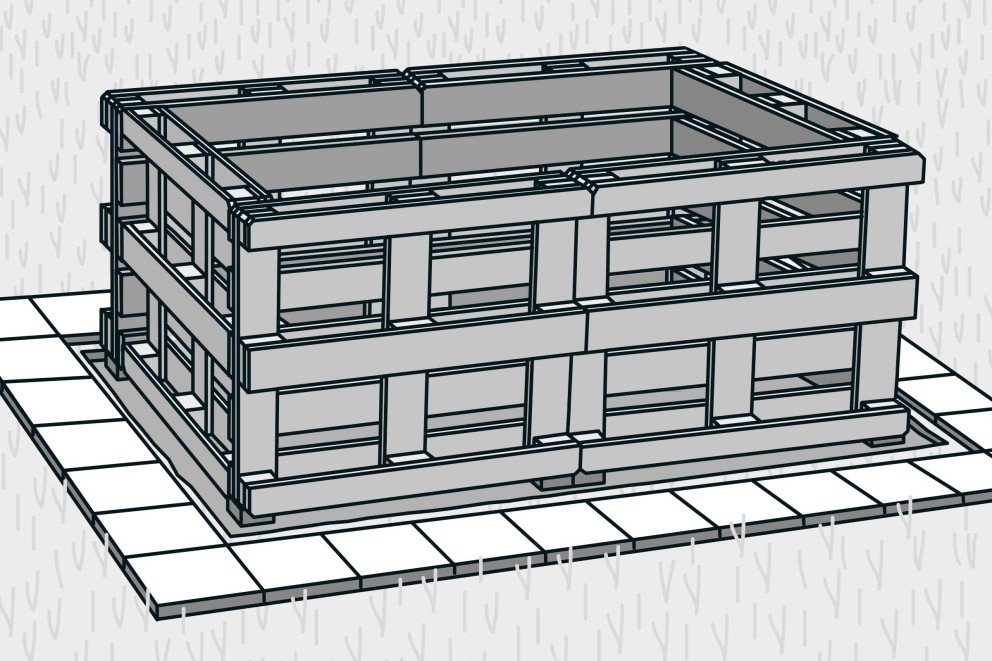 Illustration av en tvåvånings hög säng på ett klinkergolv.