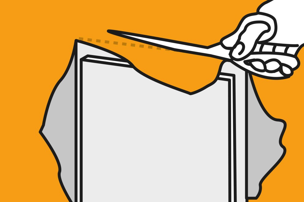 Illustration av en hand som skär ett fiberduk