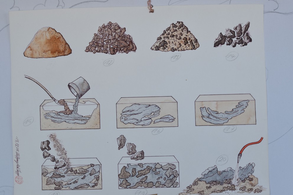 
				Liten materialstudie (överst från vänster till höger). Wolfgang tillförde sand, lerklumpar, jord med sand eller jordklumpar i cementen för ett mer naturligt bergsutseende.

			