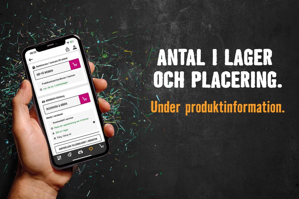 En smartphone visar Hornbach-appen med information om lagerstatus och plats