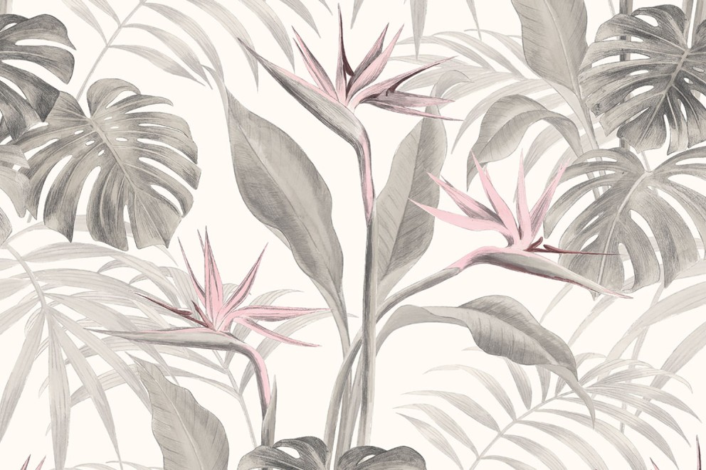 Tapet med blommönster av tropiska blad och paradisfågelblommor