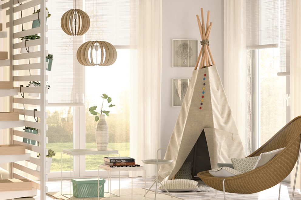 Ljust barnrum med tipi-tält, trähylla och pendellampor
