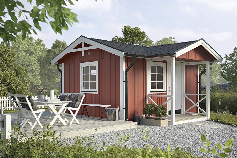 Trädgårdshus i trä med terrass, trädgårdsmöbler och gräsmatta