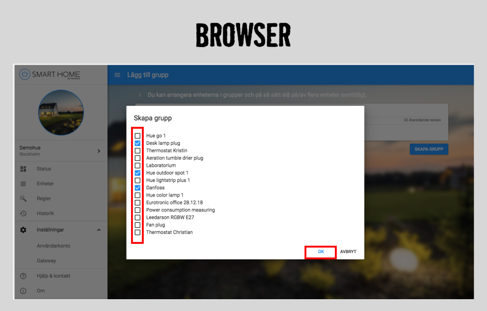 Smart Home webbläsarvy för att skapa enhetsgrupper