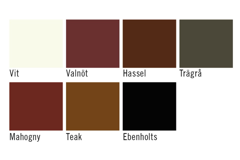 Färgkarta med beteckningarna Vit, Valnöt, Hassel, Trägrå, Mahogny, Teak och Ebenholts.