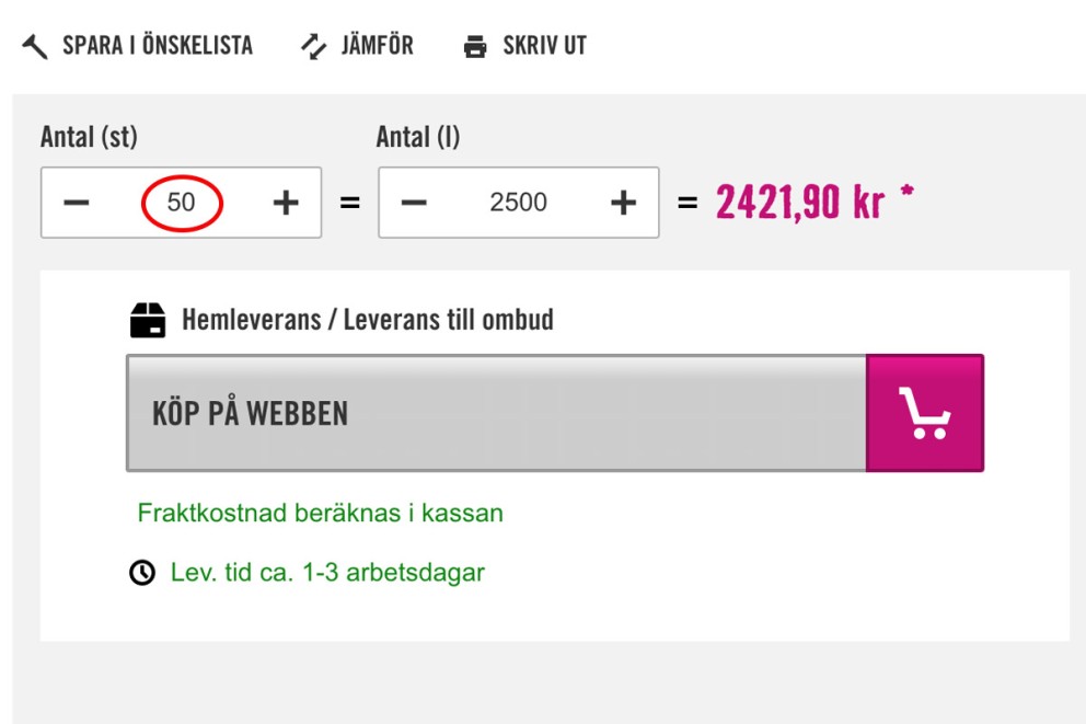 Produktmängdsberäknare för att beräkna det totala priset i Hornbachs webbutik.