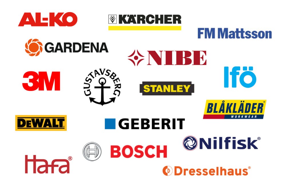 Lista över företagslogotyper som Al-Ko, Kärcher och Gardena