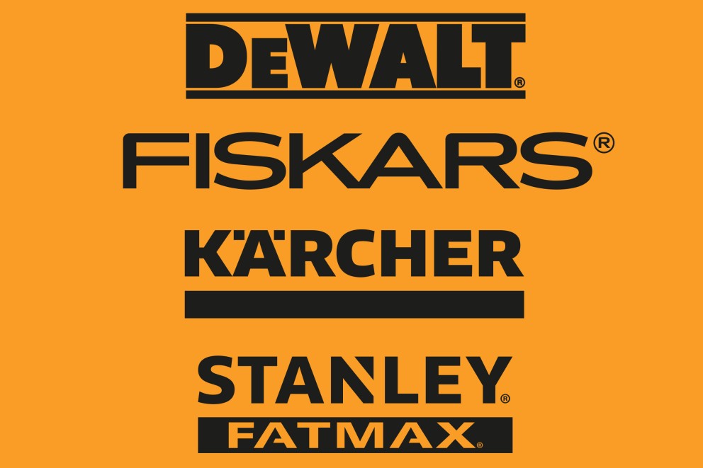 Logotyper för DeWalt, Fiskars, Kärcher och Stanley Fatmax