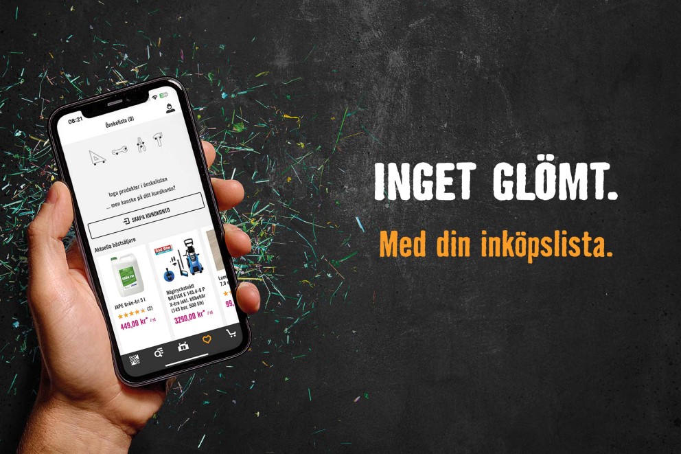 En smarttelefon med Hornbach-appen öppen i handen som visar önskelistan.