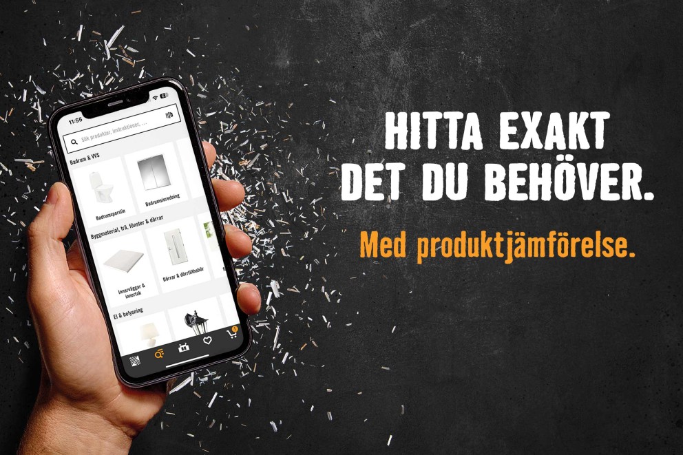 Smartphone visar produktsökningen och produktjämförelsen på Hornbach
