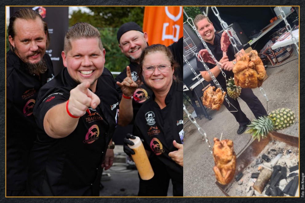 Collage med en grupp människor och mat som hänger över träkol.