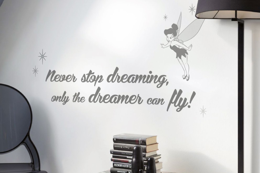 Väggdekoration med texten Never stop dreaming, only the dreamer can fly! och en älvillustration.