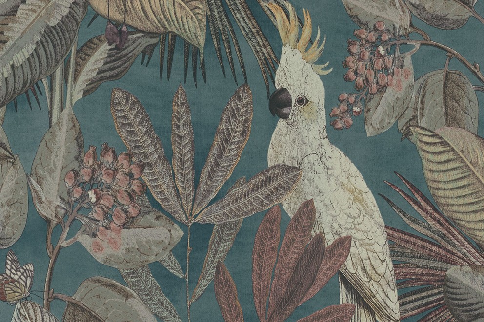 Tapet med tropiskt mönster av blad, blommor och kakadua