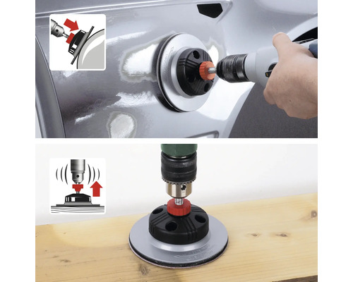 En borrmaskin med slipskiva används på en yta.