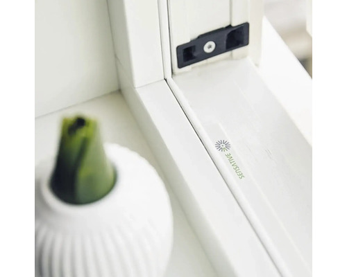 Detaljvy av en vit fönsterram med beslag