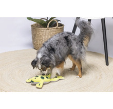 En hund leker med en gul tyggrod på en rund matta.