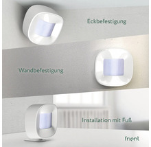 Tre installationsmöjligheter för en vit rörelsedetektor: hörnfäste, väggfäste och installation med fot.