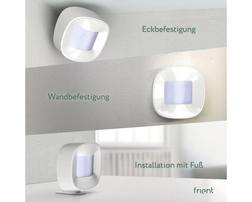 Tre installationsmöjligheter för en vit rörelsedetektor: hörnfäste, väggfäste och installation med fot.