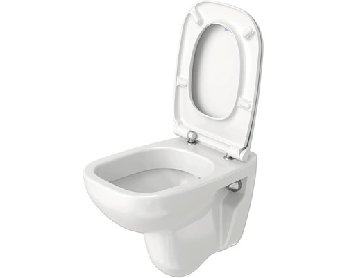 Vägghängd toalett med djup spolning, öppen spolkant och toalettsits