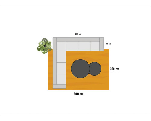 Rumsplan med hörnsoffa, soffbord och växt med mått