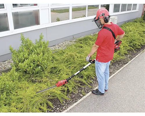 En person klipper en häck med en häcksax