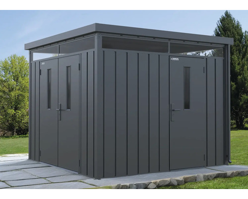 Rymligt redskapsbod av metall med dubbeldörr och fönster