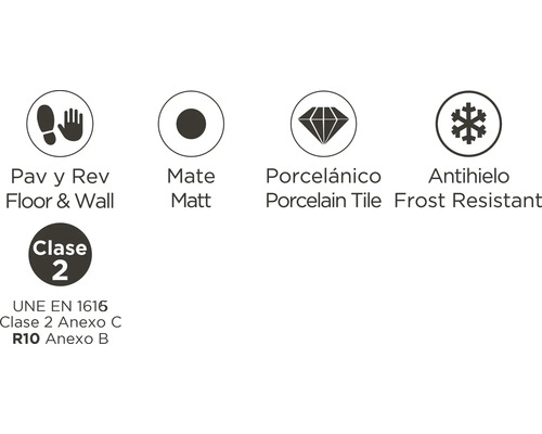 Symbol för golv- och väggplattor, matt, porslinsplatta, frostbeständighet och klass 2 enligt UNE EN 1616
