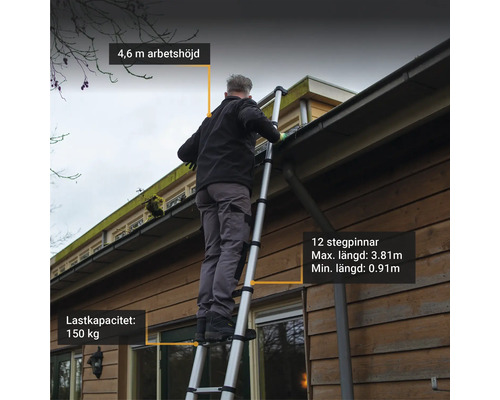 Man på en teleskopstege framför ett hus, arbetshöjd 4,6 meter, maximal längd 3,81 meter, minimal längd 0,91 meter, lastkapacitet 150 kilogram