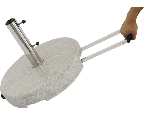 Grått parasollstativ med handtag och hjul